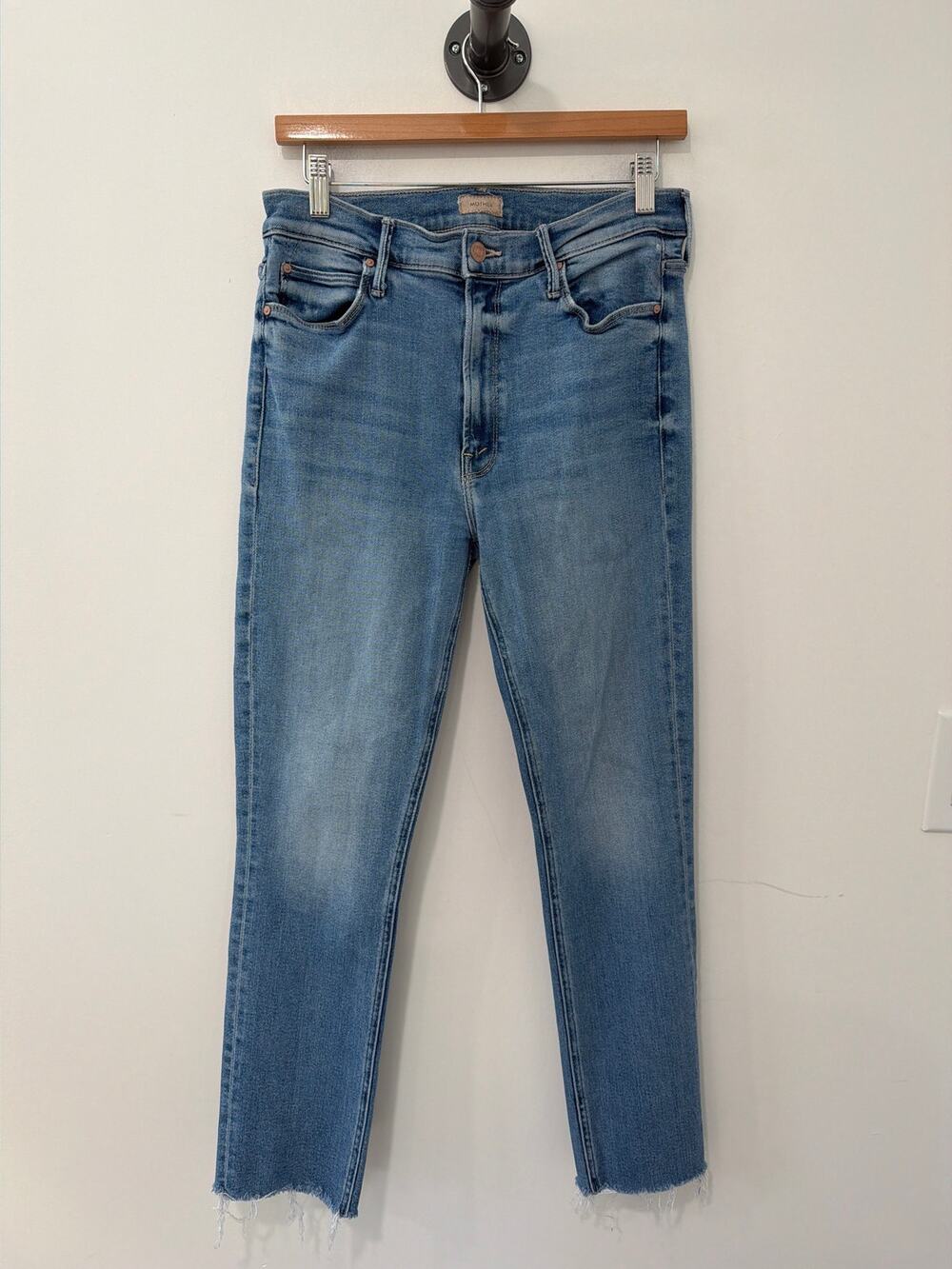 MOTHER Mid Rise Dazzler Ankle Fray Jean in Riding The Cliffside Blue Size 31